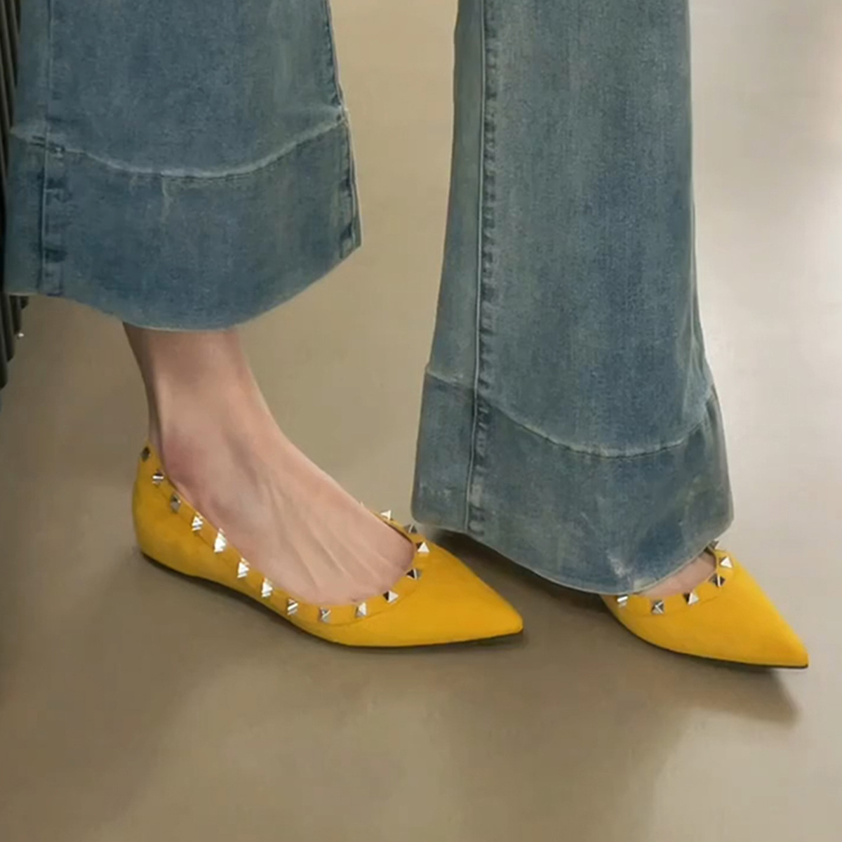 Flat-soled shallow mouth height-enhancing single shoes for women rivet leather temperament flat shoes for one foot French scoop shoes